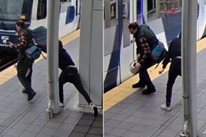 Shocking Footage Shows Man Almost Pushed Onto Tracks as Train Approaches